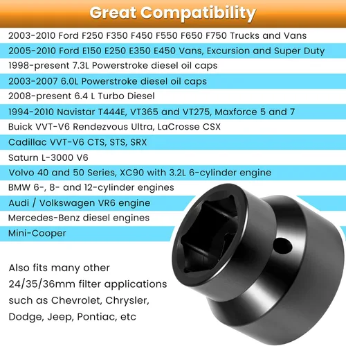 Vista 2 de Filtro de combustible/Aceite 24mm / 36mm Juego de enchufe reversible Filtro de combustible Tapa removedor e instalador asistente para 2003-2010 6.0L