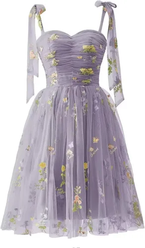 Vista 9 de Fivsole Vestido corto con bordado de flores para adolescentes, vestido de tul con tirantes delgados, mini formal, cóctel, fiesta de noche, vestidos