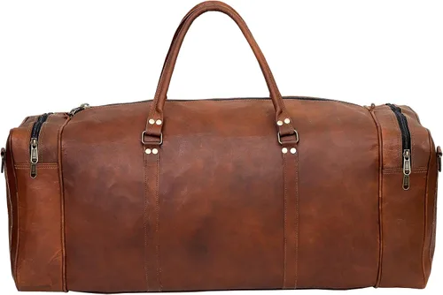 Vista 4 de Bolsa grande de cuero para viaje, 32 pulgadas, de lona, artesanal, para viaje de fin de semana, de noche, gimnasio, deportiva, para hombre y mujer