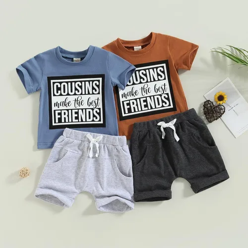 Vista 52 de Conjunto de traje de verano para bebé niño pequeño, manga corta, cuello redondo, letras impresas, lindo traje de verano, conjunto de 2 piezas