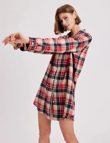 Vista 3 de Ekouaer Camisones de algodón para mujer, con botones, manga larga, a cuadros, estilo casual, para novio