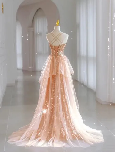 Vista 3 de CWOAPO Vestidos de fiesta de lentejuelas con tirantes delgados para mujer, vestido de baile largo con abertura, vestido formal de sirena con cola