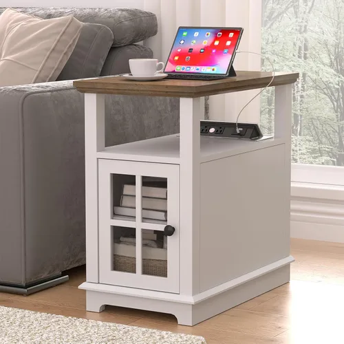 Vista 2 de HIFYOBRO Mesa auxiliar con estación de carga, juego de 2, puertos y tomas de corriente tipo C y USB, estante ajustable para almacenamiento en sala