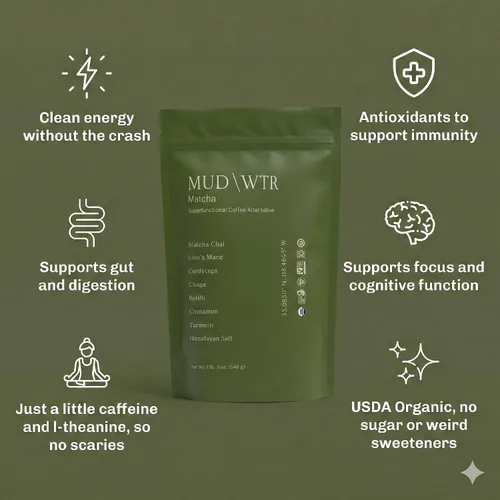 Vista 3 de MUDWTR - Polvo de matcha de hongos 3,000 mg de hongos adaptogénicos Mezcla de polvo de matcha japonés Orgánico USDA Apoyo de energía