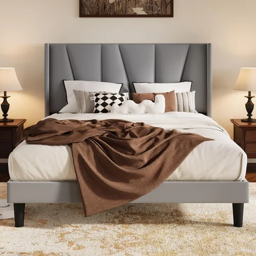 Vista 14 de HOOMIC Base de cama tapizada de tamaño matrimonial con cabecera geométrica moderna con respaldo de ala, listones de madera, no necesita somier, base