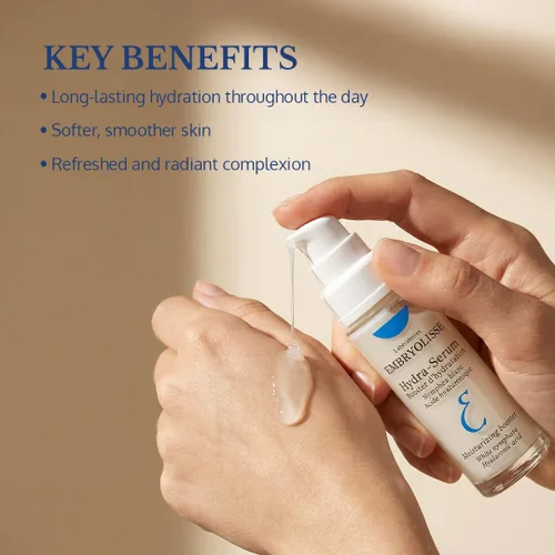 Vista 4 de Embryolisse Hydra-Serum, suero facial ligero de ácido hialurónico ultra hidratante con lirio de agua blanca, para pieles grasas a mixtas, 1.01 onzas
