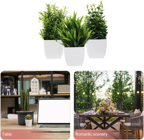 Vista 3 de VOSAREA Flores falsas, plantas de imitación, 3 piezas, pequeñas plantas falsas con plantas, plantas artificiales con plantas para el hogar, oficina