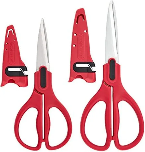 Vista 8 de Farberware Tijeras multiusos y utilitarias con fundas de afilado Edgekeeper, tijeras multiuso fuertes y duraderas, 2 piezas, negro/rojo