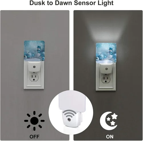 Vista 3 de Juego de 2 lámparas LED de noche enchufables de muñeco de nieve, con sensor automático, copos de nieve de Navidad, juego de 2 luces nocturnas