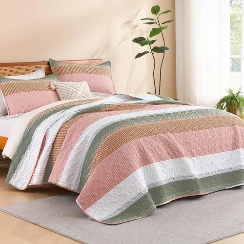 Vista 8 de Litanika Edredón tamaño Queen, juego de ropa de cama de 3 piezas a rayas 01 - Blanco y negro