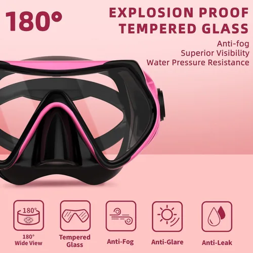 Vista 2 de Equipo de esnórquel para adultos, juego de máscara de esnórquel JRing con vidrio templado de 180 grados, gafas antivaho para buceo, esnórquel