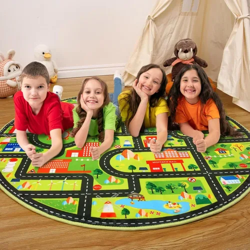 Vista 4 de NANAN Alfombra de juego para niños de 4 x 4 pulgadas, alfombra de coche, alfombra de juegos para niños pequeños, alfombra circular para niños, sala
