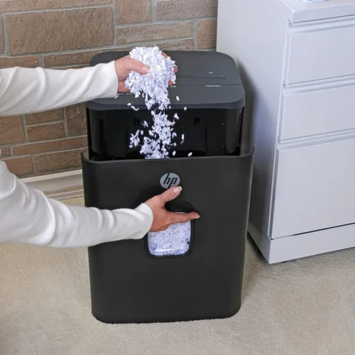 Vista 7 de HP - Trituradora de papel micro corte, capacidad de 16 hojas, diseño deslizante superior, cesta extraíble, trituración de alta seguridad, diseño