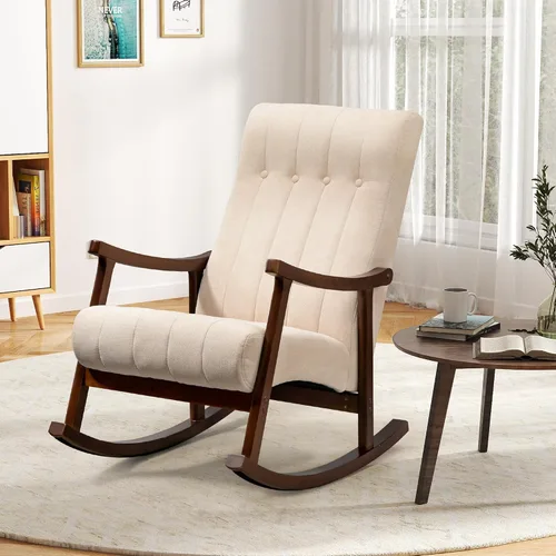 Vista 8 de AVAWING Silla mecedora tapizada con asiento acolchado de tela, cómoda balancín de madera maciza para sala de estar, silla moderna de respaldo alto
