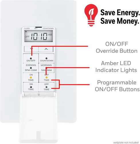 Vista 3 de UltraPro 24 horas digital en pared, fácil de programar, presets, cuenta regresiva, botón de anulación de encendido/apagado, luz para iluminación