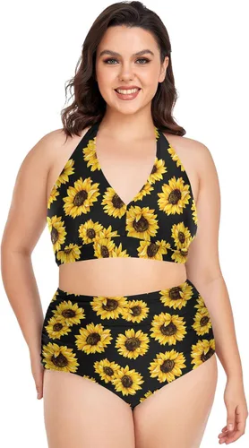 Vista 7 de Bikini de 2 piezas para mujer, talla grande, cintura alta, cuello halter, fruncido, control de abdomen Murciélagos Cruces Estrellas