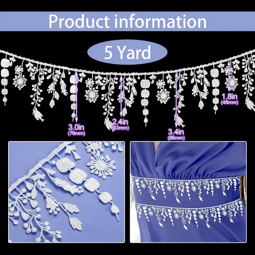 Vista 2 de OIIKI Borde de encaje blanco de 5 yardas con cinta de borlas, bordado inelástico, encaje de flores para bordes, borde de flecos de borla