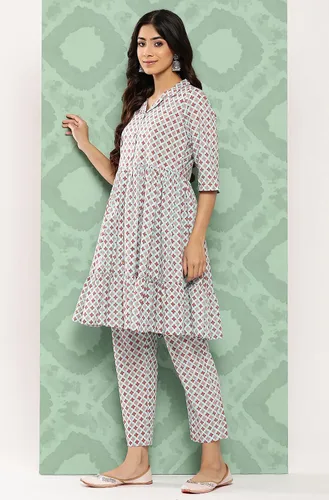 Vista 5 de Janasya Kurta con pantalón con motivos étnicos de algodón azul cielo para mujer