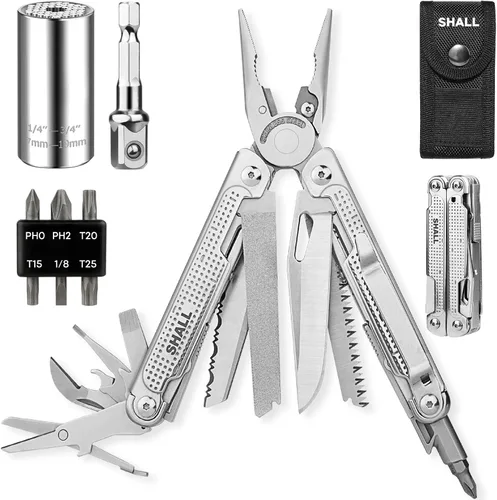 Vista 8 de SHALL Multiherramienta, alicates multiherramienta 18 en 1, cuchillo de bolsillo multiherramienta de acero inoxidable con broca de destornillador