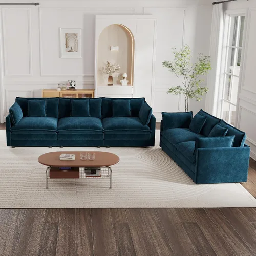 Vista 25 de mikibama Juego de sofá biplaza y sillón de lujo de 2 piezas, moderno juego de sofás nube tapizados de chenilla con 5 almohadas para sala de estar