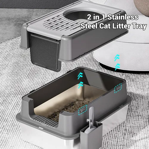 Vista 4 de Caja de arena para gatos de acero inoxidable con tapa, caja de arena de metal cubierta cerrada con tapa abatible de 180°, caja para gatos de alta