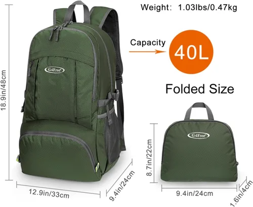 Vista 5 de G4Free - Mochila para senderismo ligera y plegable de 40L, mochila de viaje impermeable para el día a día Water-Resistant Polyamide