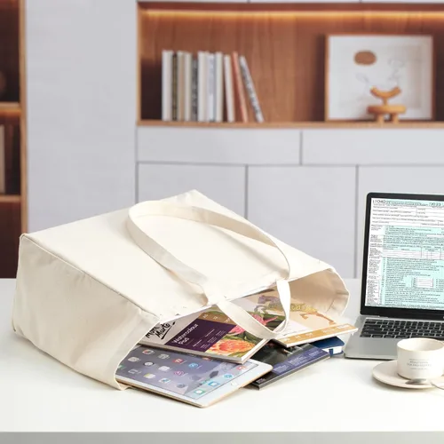 Vista 6 de Bolsa de lona reutilizable LINICE con asa larga y asa corta plegable, resistente y lavable (paquete de 3) Asas largas/cortas