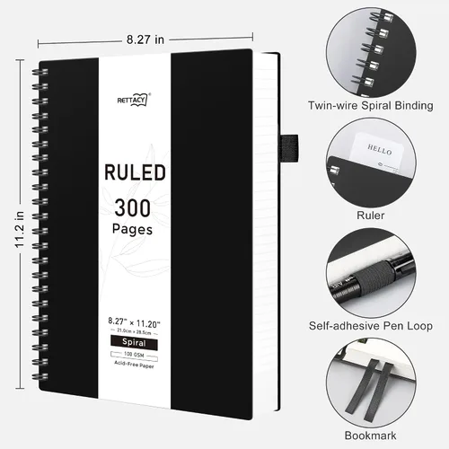 Vista 2 de RETTACY - Cuaderno en espiral grande A4, 300 páginas rayadas, 8.2 x 11.2 pulgadas, para escuela, trabajo, escritura, papel grueso de 3.53 oz/m²