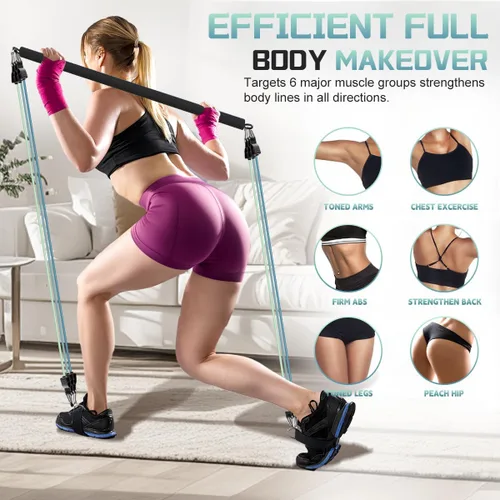 Vista 8 de VEICK Pilates Bar Kit with Resistance Bands, Elastic Workout Bands for Men Women, Set of 5 Resistance Loop Bands for Home Fitness Stretching