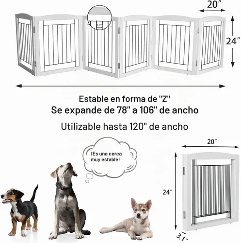 Vista 6 de ZJSF Puerta plegable independiente para perros, puerta de madera extra ancha blanca para cachorros, 6 paneles, puertas altas para mascotas