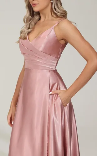 Vista 5 de HSFIYAKJ Vestidos largos de dama de honor, línea A, con cuello en V, tirantes delgados, abertura de satén, formal, vestidos de fiesta de noche