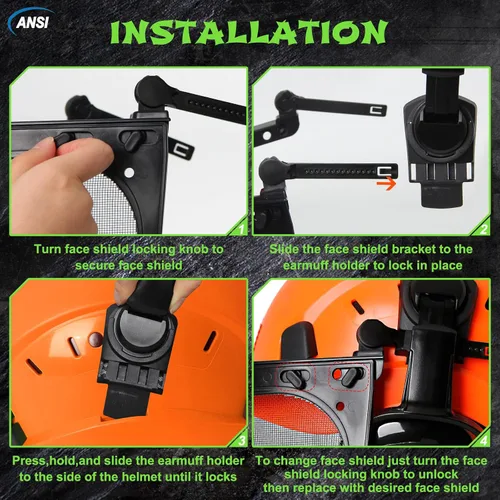 Vista 8 de Aolamegs Casco de motosierra con protector facial y orejeras, casco forestal naranja con protección auditiva y máscara de malla completa, casco