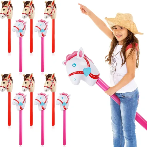 Vista 14 de Chivao 12 piezas inflables de palo de caballo linda cabeza de caballo, globo inflable colorido vaquero vaquera decoración de fiesta para fiesta Negro