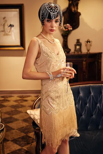 Vista 5 de BABEYOND Vestido de mujer con estilo charlestón de los años 20, cuello en V, con cuentas y flecos, estilo Gran Gatsby