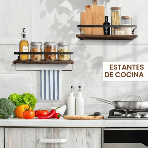 Vista 4 de AGM Juego de 2 estantes flotantes, estantes de almacenamiento de pared con 1-marrón oscuro+barra de toalla