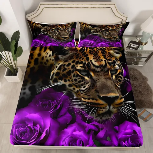 Vista 17 de Erosebridal Juego de sábanas bajeras de rosas rojas y leopardo, tamaño individual, diseño de animales africanos salvajes, diseño de plantas