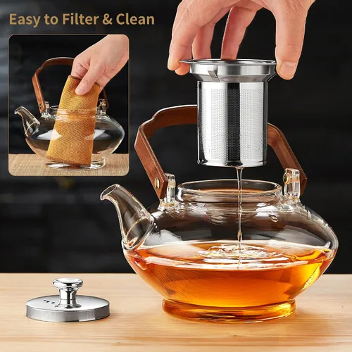 Vista 2 de UNBREAKABLE -Tetera de vidrio de 46 onzas con infusor y tapa de acero inoxidable, resistente al calor de vidrio de borosilicato para estufa