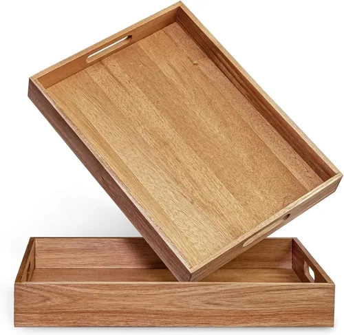 Vista 9 de Bandeja de servir de madera de acacia con asas (17 pulgadas) – Bandejas decorativas para servir desayuno en la cama, almuerzo, cena, aperitivos