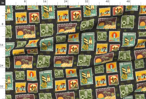 Vista 2 de Spoonflower Tela – Colección Surfing World de escala media retro de verano con ondas de playa impresas en tela de gasa, ropa de costura, vestidos