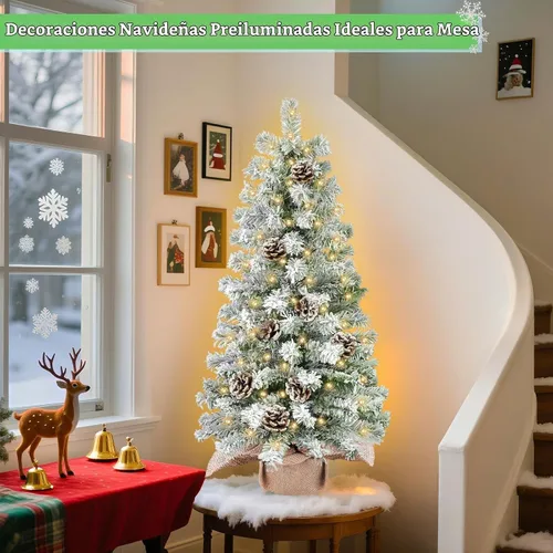 Vista 5 de Timer - 3FT Artificial Mini Christmas Tree, Flocked Tabletop Christmas Tree 50 luces LED blancas cálidas que funcionan con pilas, 108 ramas flocadas