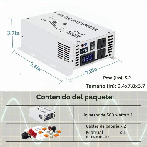 Vista 6 de WZRELB Inversor de corriente solar pura de onda sinusoidal 500w 24v DC a 120v AC 60hz