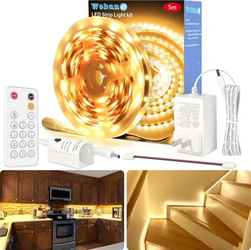 Vista 9 de WOBANE - Tira de luces LED blancas, kit de tira de luz LED regulable, 16.4 pies de luces en cinta flexible para dormitorio, cocina, debajo