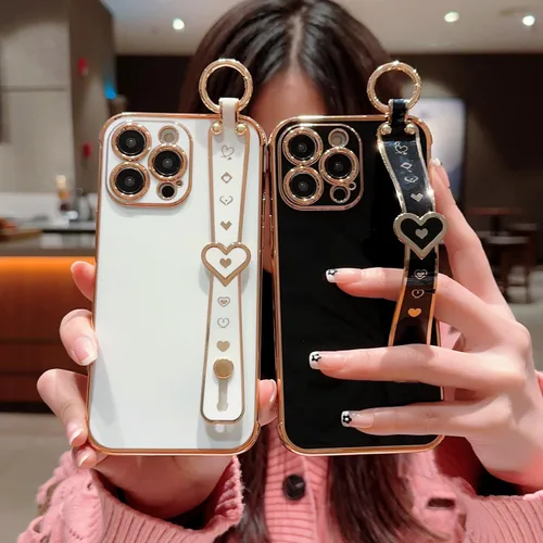 Vista 4 de IDweel Funda para iPhone 11 Pro Max con correa de pulsera ajustable, lazo atril, chapado de lujo de corazón, esquinas elevadas, a prueba de golpes