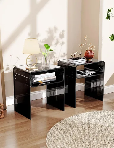 Vista 9 de Mesa auxiliar de acrílico transparente de 2 niveles Mesa de noche para sala de estar, dormitorio, decoración del hogar (Negro)