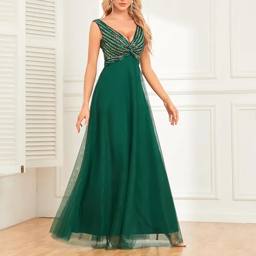 Vista 2 de Vestido bohemio para mujer, Brillante, Vestidos Fiesta cóctel, lentejuelas, fluido, largo, midi, cintura fruncida