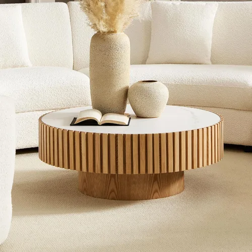 Vista 10 de Mesa de centro redonda de madera de Burl de 31.49 pulgadas, moderna mesa de centro circular circular baja contemporánea para sala de estar, espacio