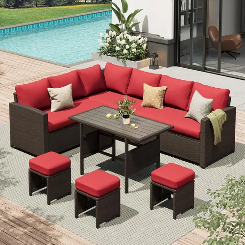 Vista 11 de AECOJOY Juego de muebles de patio al aire libre, 7 piezas de mesa de comedor y sillas seccionales de ratán, sofá de conversación de mimbre para todo