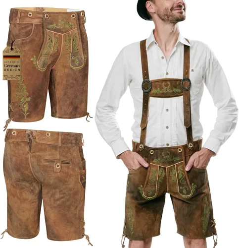 Vista 9 de BAVARIA TRACHTEN Lederhosen - Traje de Oktoberfest de cuero genuino para hombre, marrón claro y oscuro, amarillo oliva antiguo, verde óxido Marrón