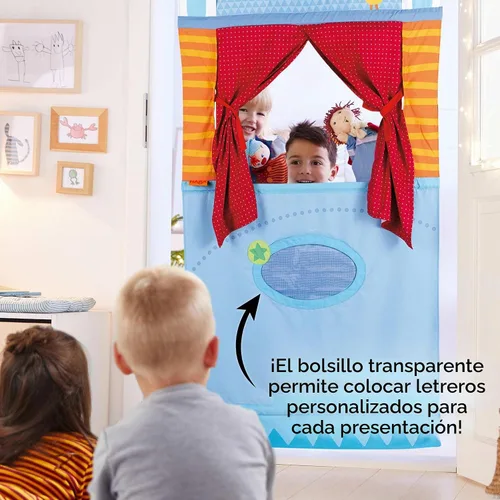 Vista 6 de HABA Teatro de Marionetas de Puerta - Ahorrador de Espacio con Varilla Ajustable: Ideal para Juego de Simulación, Marionetas de Mano, Actividades
