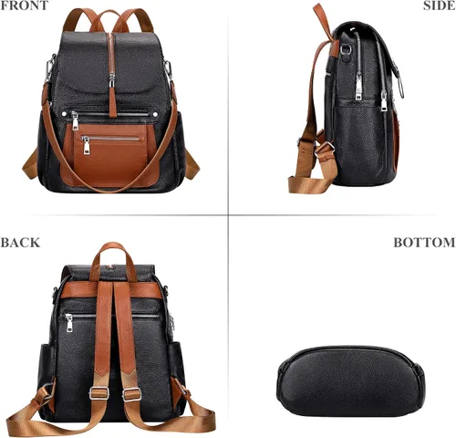 Vista 4 de ALTOSY Mochila de cuero para mujer, bolso casual de moda con múltiples bolsillos y solapa